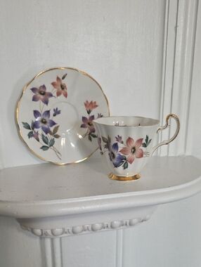 Royal Adderley Fine Bone China teacup & saucer set, featuring a delicate floral